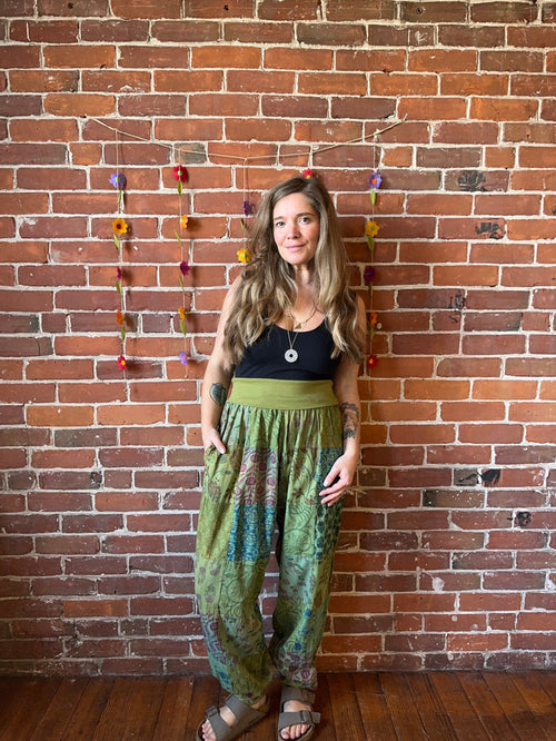 100% Cotton Harem Foldover Waistband Patchwork Pant - Fair Trade Made -Multiple Colors Available