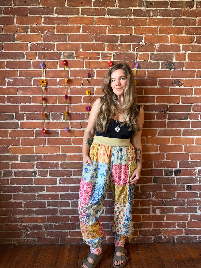 100% Cotton Harem Foldover Waistband Patchwork Pant - Fair Trade Made -Multiple Colors Available