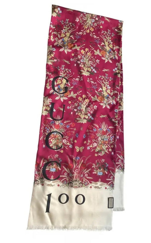 Gucci 100th Anniversary Floral Silk Scarf Burgundy - Runway Catalog