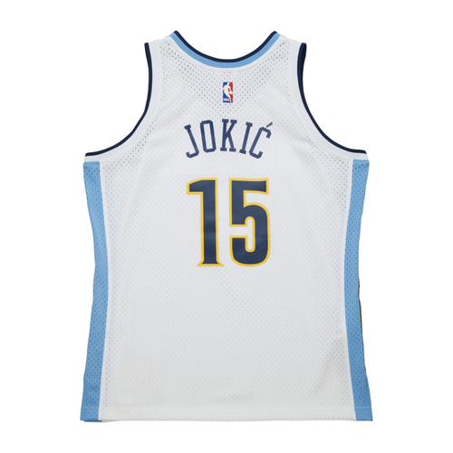 Back view White basketball jersey with 'JOKIC' in navy and number '15' in navy with yellow outline on a white background