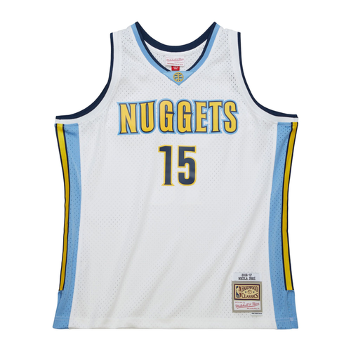 Front view White basketball jersey with Nuggets in navy and number '15' in navy with yellow outline on a white background