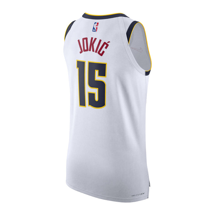 Back view White basketball jersey with 'JOKIC' in red and number '15' in navy with yellow outline on a white background