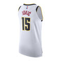 Back view White basketball jersey with 'JOKIC' in red and number '15' in navy with yellow outline on a white background