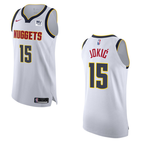 Front and back View, White basketball jersey with 'Nuggets' in red with yellow outline and number '15, red Nike Swoosh and WU Sponsorship patch in navy text and white patch on a white background