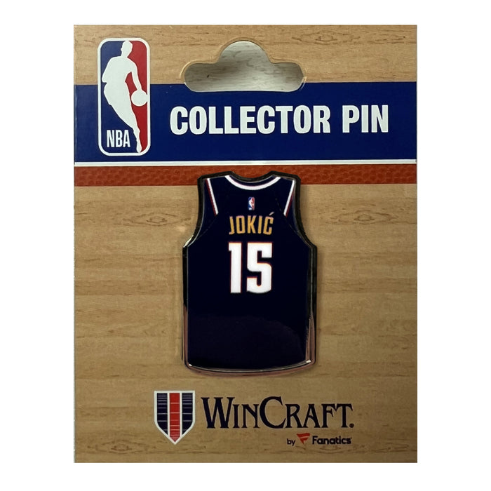 An official Denver Nuggets player enamel lapel pin showcasing jersey number 15 embedded on a mini basketball layout.