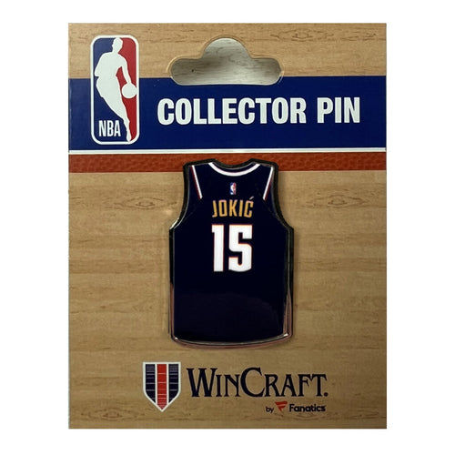An official Denver Nuggets player enamel lapel pin showcasing jersey number 15 embedded on a mini basketball layout.