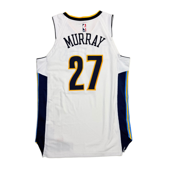Back view White basketball jersey with 'Murray' in navy and number '27' in navy with yellow outline on a white background