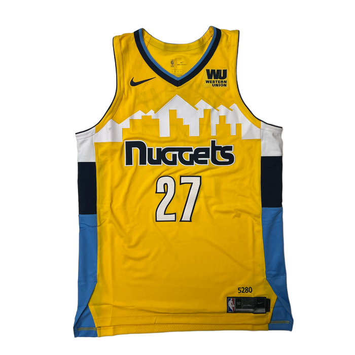 Front view Yellow basketball jersey with 'Nuggets' in navy and white outline and number '27' in white with Navy outline, navy Nike Swoosh and WU Sponsorship patch in navy and gold on a white background