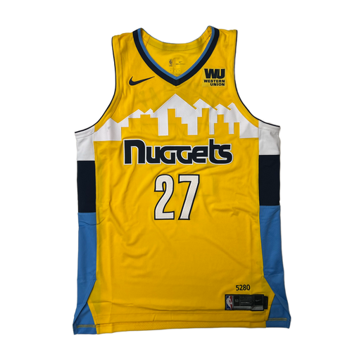 Front view Yellow basketball jersey with 'Nuggets' in navy and white outline and number '27' in white with Navy outline, navy Nike Swoosh and WU Sponsorship patch in navy and gold on a white background