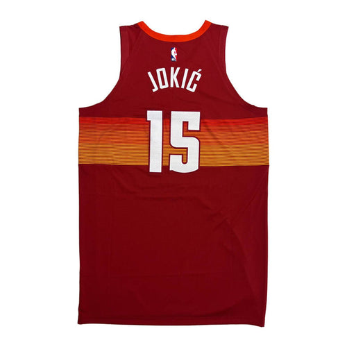 Back view Red basketball jersey with 'JOKIC' in white and number '15' in white with red outline on a white background