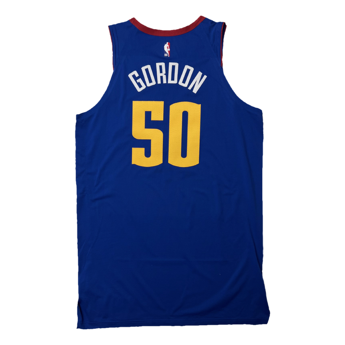 Back view Royal Blue basketball jersey with 'Gordon' in white and number '50' in yellow on a white background