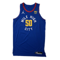 Front View, Royal Blue basketball jersey with 'Mile High City' in white and number '50' in gold, White jumpman logo and WU Sponsorship patch in yellow text and royal blue patch on a white background