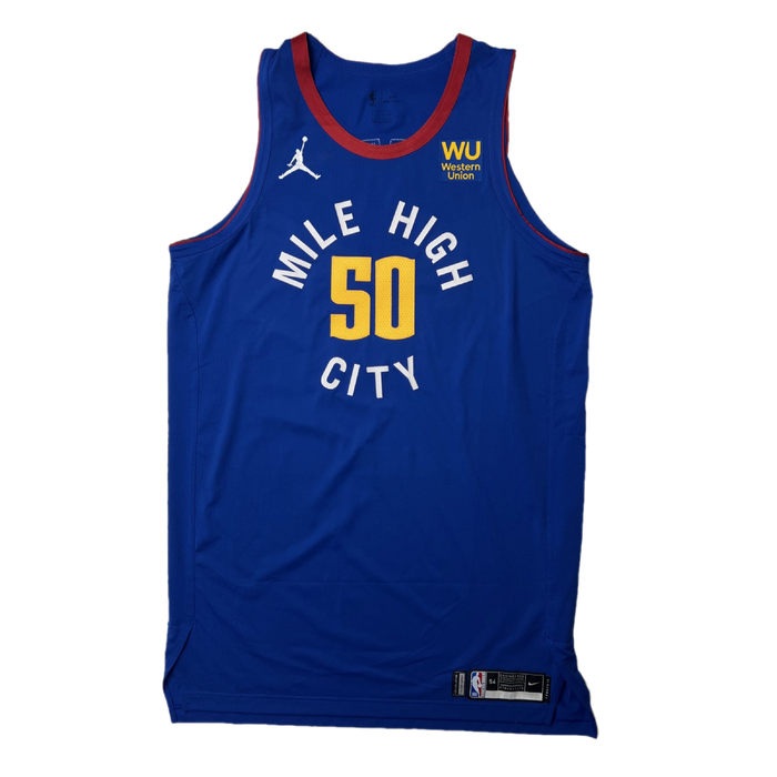 Front View, Royal Blue basketball jersey with 'Mile High City' in white and number '50' in gold, White jumpman logo and WU Sponsorship patch in yellow text and royal blue patch on a white background