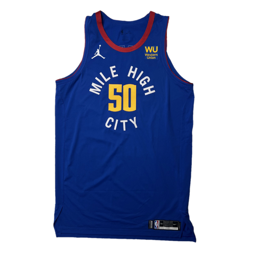 Front View, Royal Blue basketball jersey with 'Mile High City' in white and number '50' in gold, White jumpman logo and WU Sponsorship patch in yellow text and royal blue patch on a white background