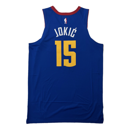 Back view Royal Blue basketball jersey with 'JOKIC' in white and number '15' in yellow on a white background