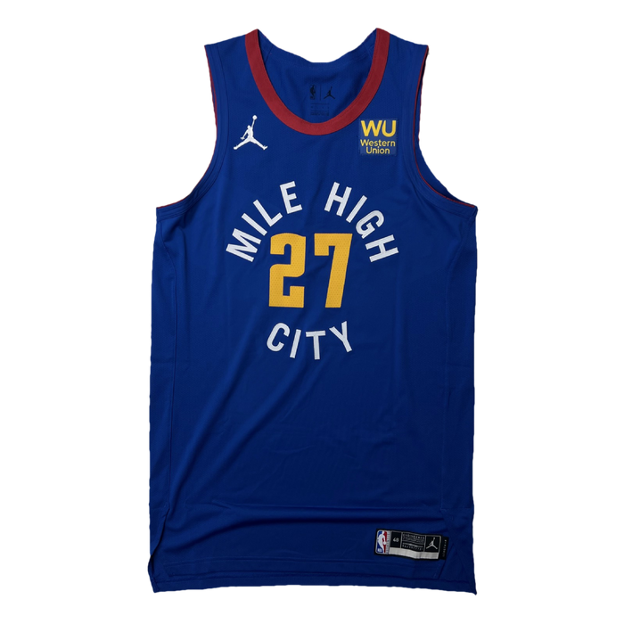 Front View, Royal Blue basketball jersey with 'Mile High City' in white and number '27' in gold, White jumpman logo and WU Sponsorship patch in yellow text and royal blue patch on a white background