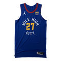 Front View, Royal Blue basketball jersey with 'Mile High City' in white and number '27' in gold, White jumpman logo and WU Sponsorship patch in yellow text and royal blue patch on a white background