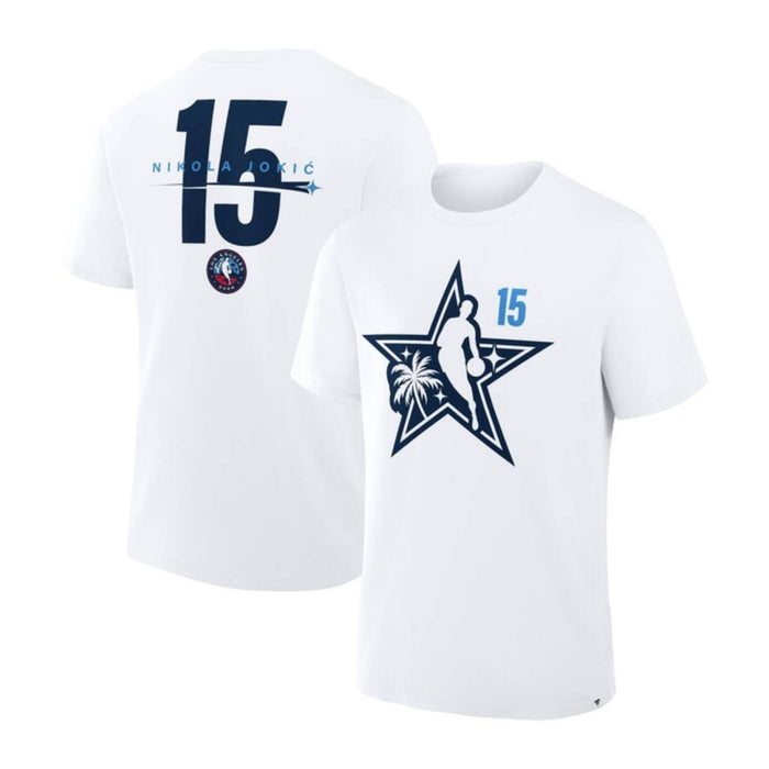 Front full layout of a navy blue crewneck t-shirt celebrating Nikola Joki?'s NBA All-Star selection with official logos.