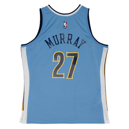 Back view light blue basketball jersey with 'Murray' in navy and number '27' in navy with yellow outline on a white background