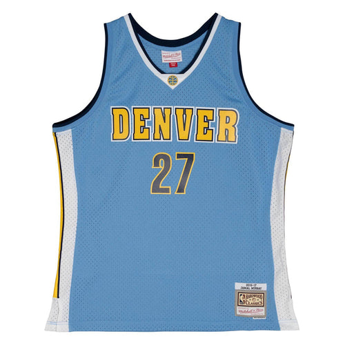 Front view light blue basketball jersey with Nuggets in yellow, navy trim and trimmed in white  and number '27' in navy with yellow outline on a white background