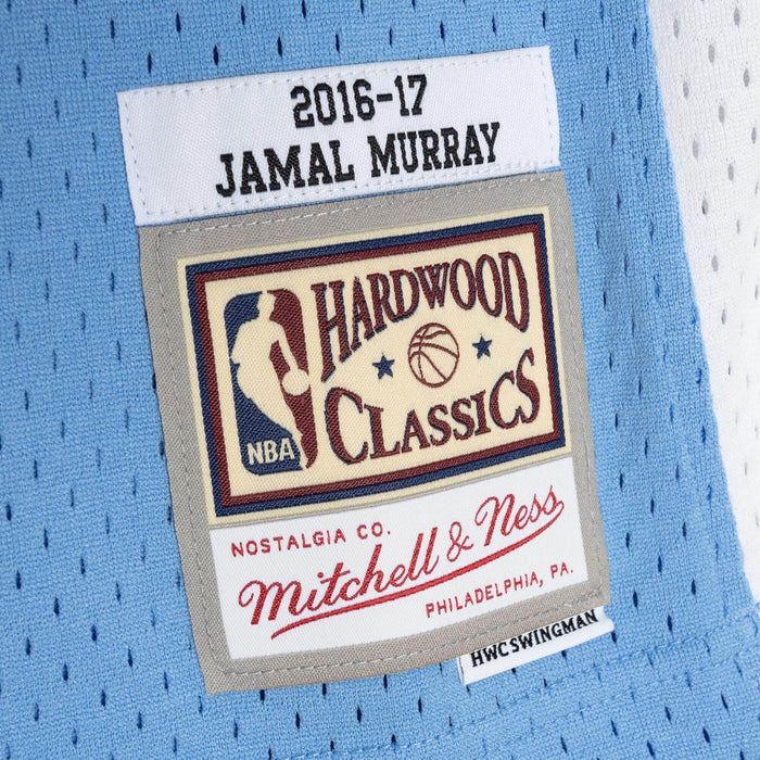 Up Close front view jock tag, white rectange with navy text of 2016-17 Jamal Murray, Hardwood Classic Logo and Mitchell and Ness logo