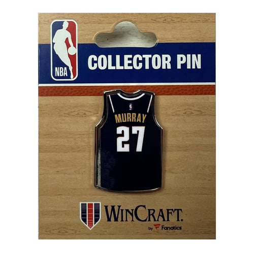 A collectible enamel sports lapel pin featuring Denver Nuggets player jersey number 27 with official team coloring.