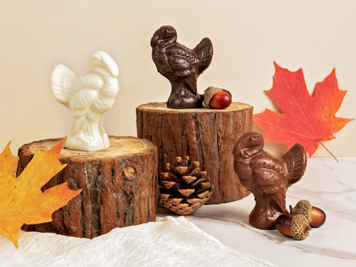 Three place setting chocolate molded turkey stands with fanned out tails.