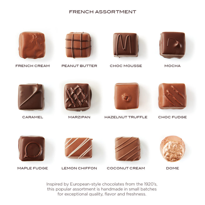 Twelve chocolates lined up in three rows with the name/flavor listed below each image.
