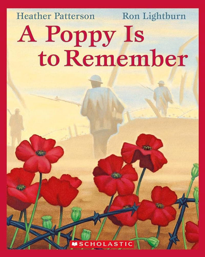 Book cover with poppies and barb-wire on the bottom with soldiers in a field