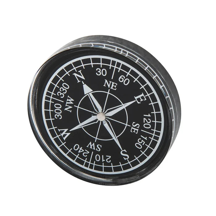 Black compass with white lettering.