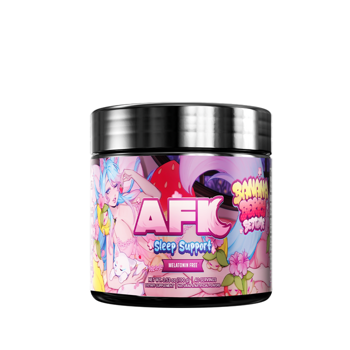 Black container with a pink label featuring colorful "Banana Bananaberry Bedtime" text and floral illustrations on the side