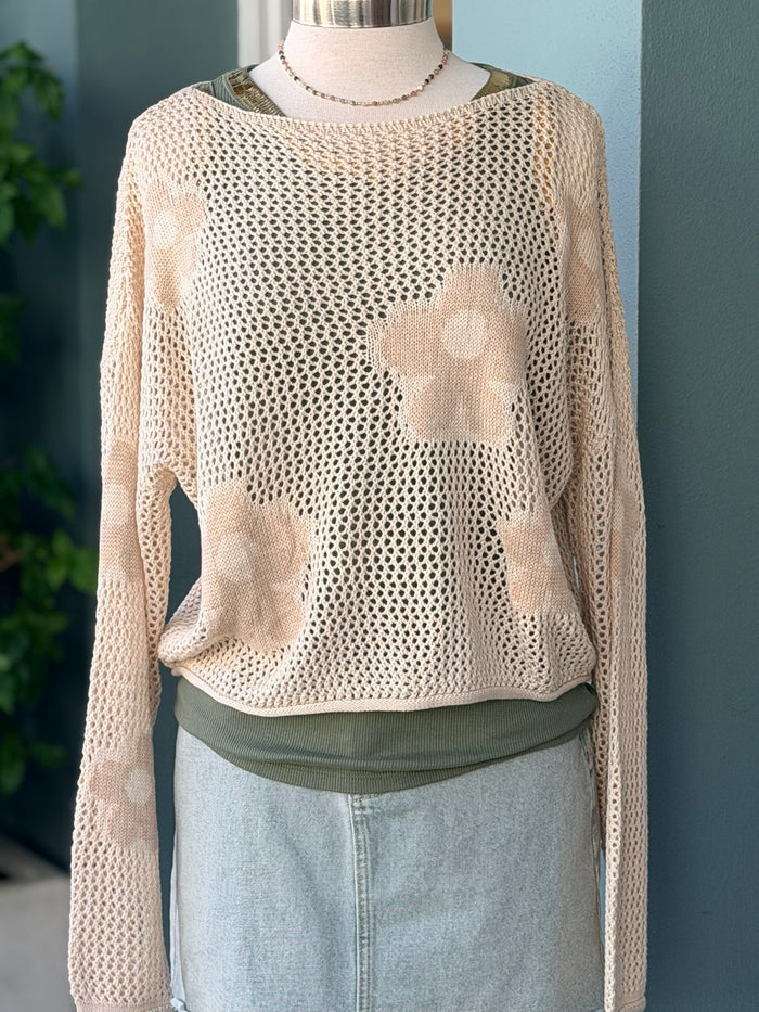 Beige knit sweater with floral patterns on a mannequin against a blue wall.