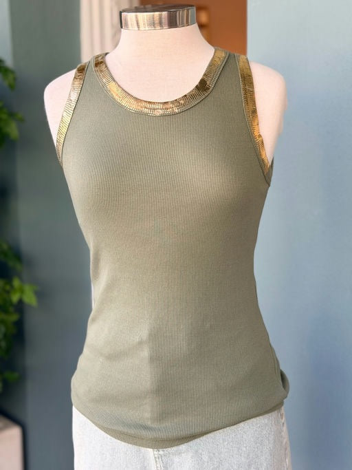 Green tank top with gold trim on a mannequin against a neutral background