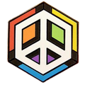 Peace symbol in white on a rainbow background.