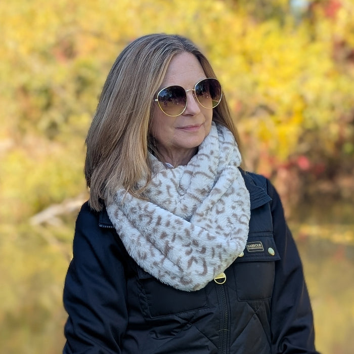 Animal Print Double Faux Fur Snood - Cream