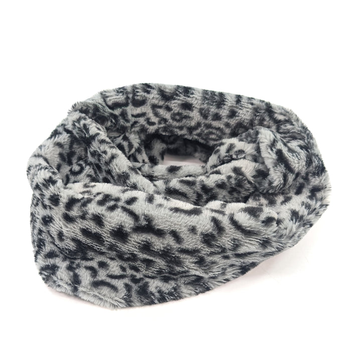 Animal Print Double Faux Fur Snood - Grey