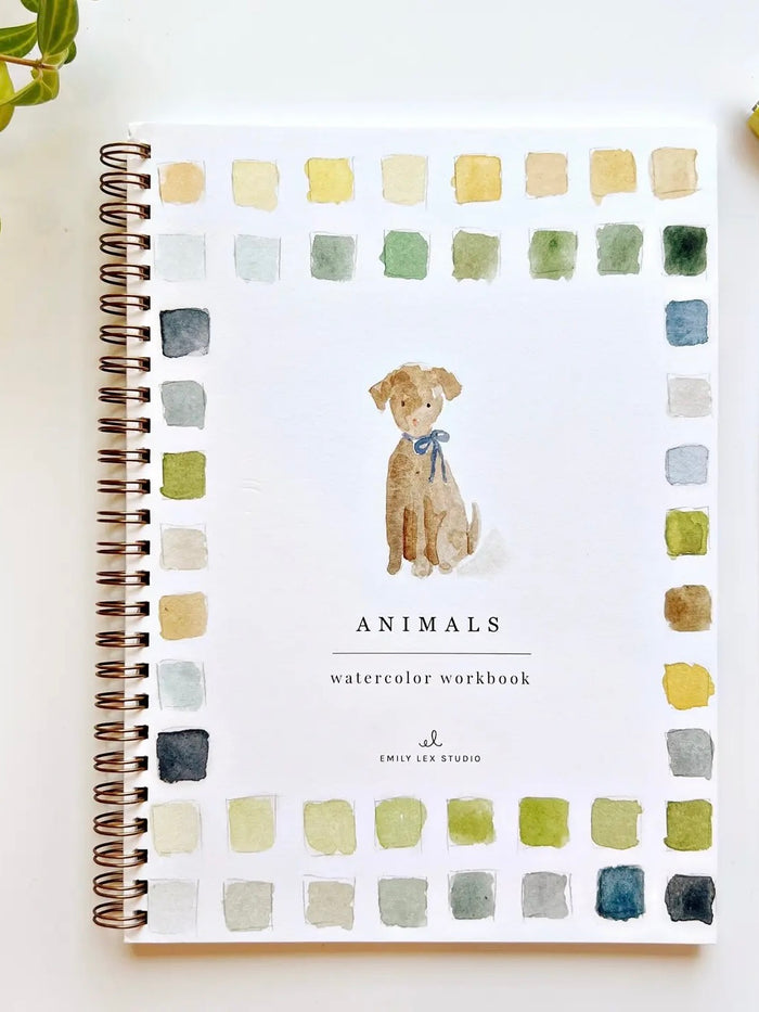 Animals Watercolor workbook front cover with a dog illustration and color swatches on a white background