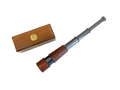 Metal spyglass with metal accents and a wooden case on a white background