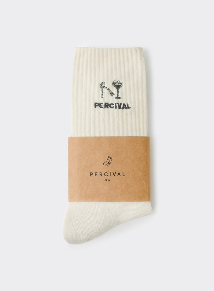 Percival Aperitivo cream cotton-blend socks featuring a black embroidered cocktail graphic and a branded paper band.