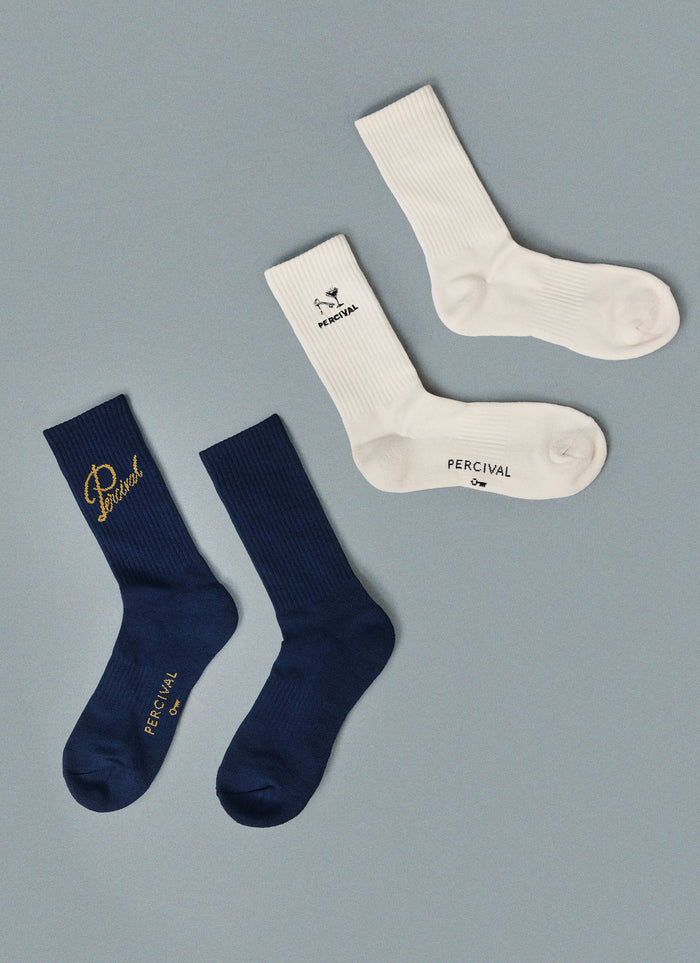 Percival navy Kingsley jacquard and cream Aperitivo embroidered cotton-blend socks, shown flat on a grey background.
