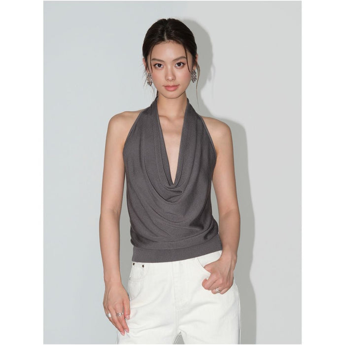 ASAYA7278 – Étoile Drape Halter Knit Top ✨🖤🤍