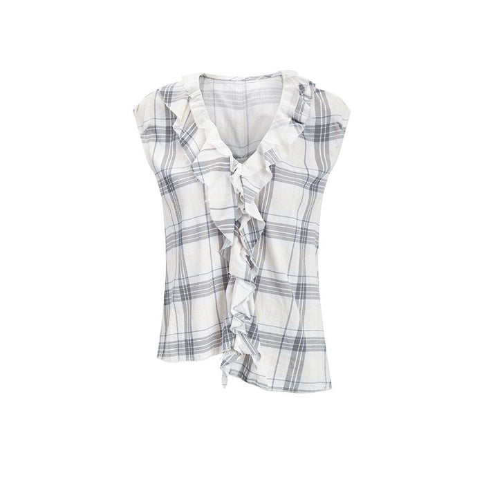 ASAYA7403 – Élodie Plaid Ruffle Blouse ☁️🩶