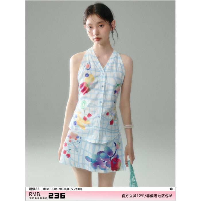 Uare original design a free summer fruit print V neck halter top and skirt set image 0