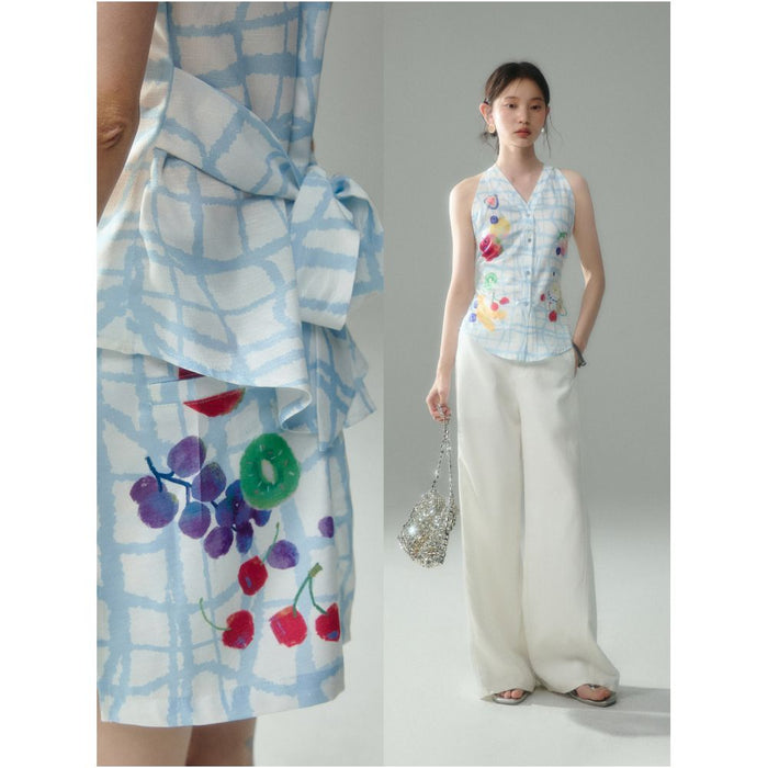 Uare original design a free summer fruit print V neck halter top and skirt set image 2