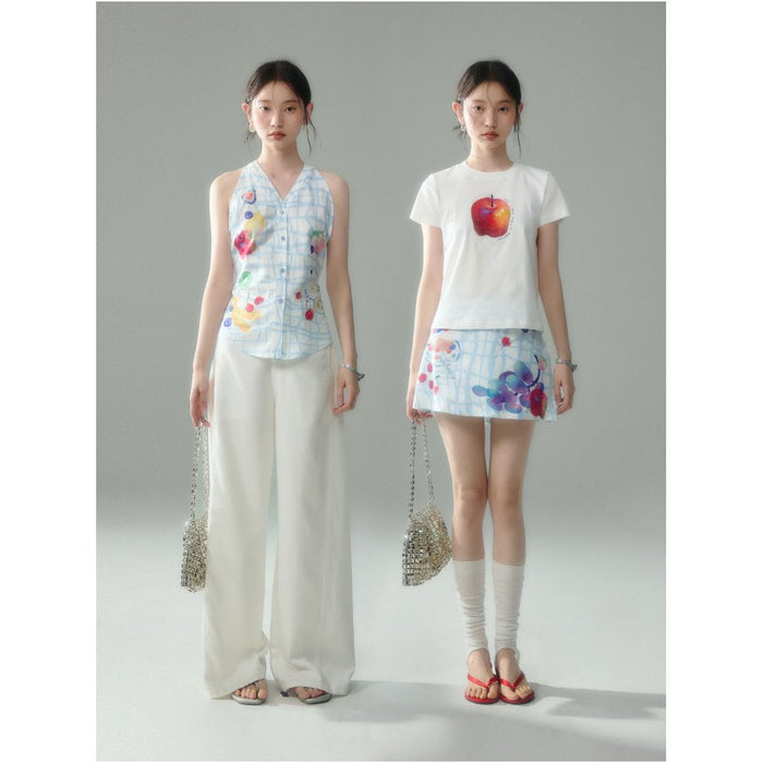 Uare original design a free summer fruit print V neck halter top and skirt set image 3