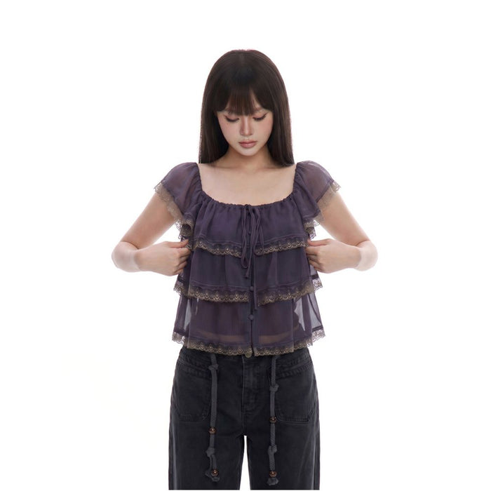 ASAYA7437 – Moonlit Lace Ruffle Blouse 🌙🪻