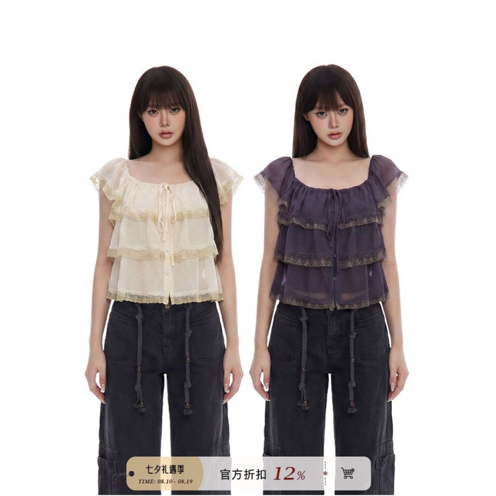 WITHMIN Ruffled Lace Tie up Square Neck Camisole for Women 2026 Summer New Layered Top image 0