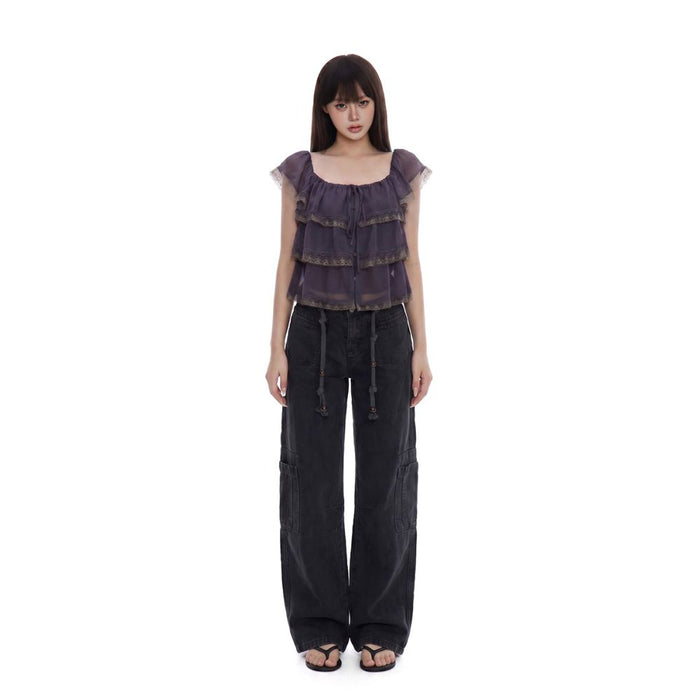 WITHMIN Ruffled Lace Tie up Square Neck Camisole for Women 2026 Summer New Layered Top image 2