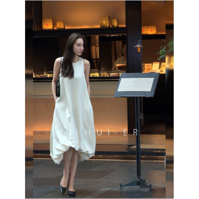 LiHuiEr Li Huier Tingyun Summer Style Round Neck White Tulip Dress Women s Sleeveless Vest Dress image 0