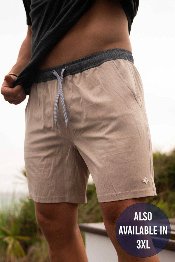 Heather khaki athletic short with Driftwood Camo liner — women's performance shorts | All Put Together